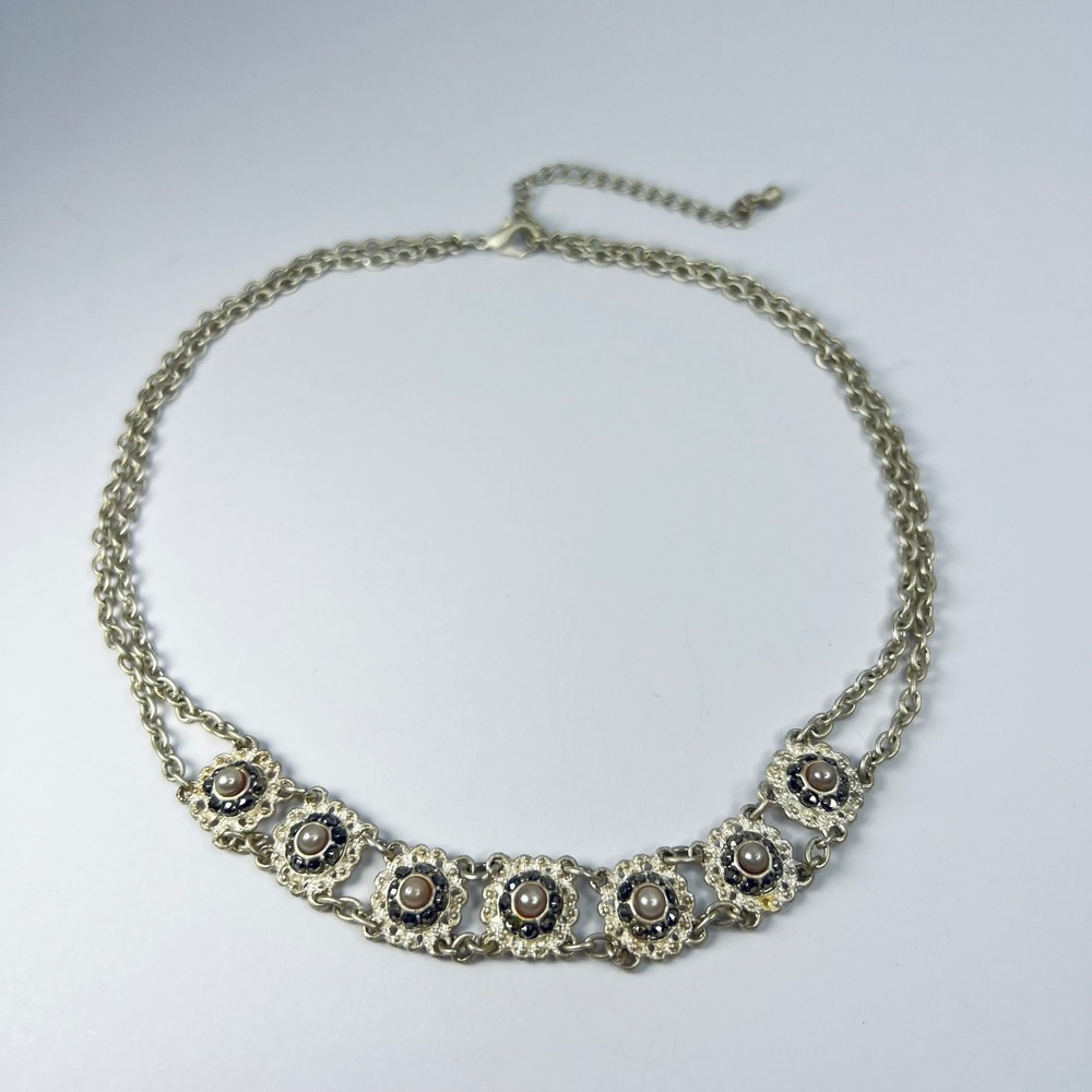 Vintage Faux Pearl Flower Silver Tone Necklace Double‎ Chain Choker Bridal Fairy